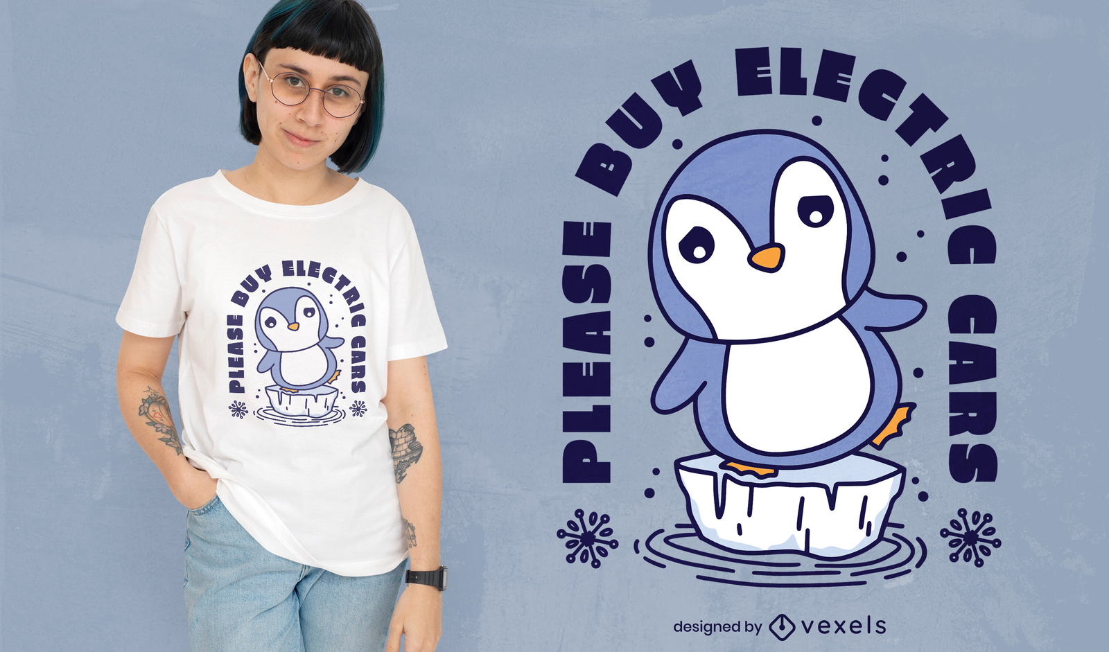 Diseño de camiseta de ecología de pingüinos de autos eléctricos.