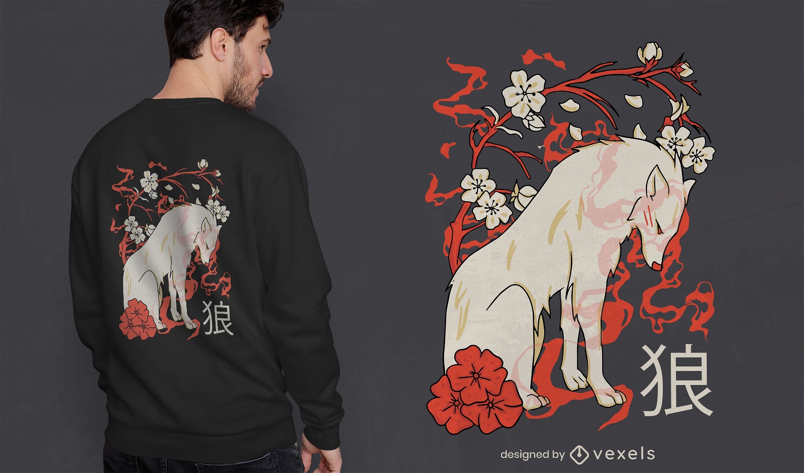 Blumen-T-Shirt-Design mit japanischem Wolf