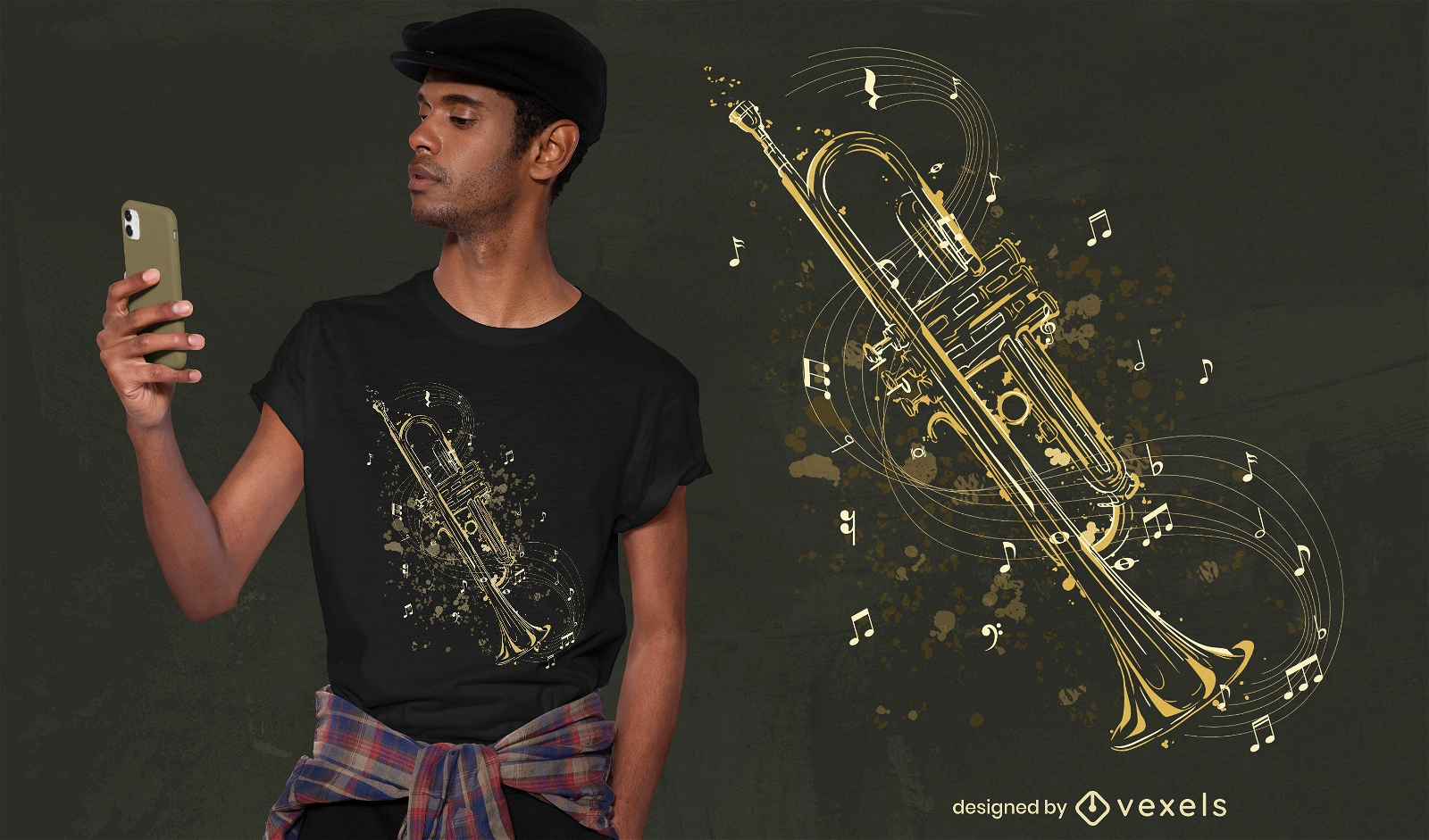 Diseño de camiseta de notas musicales de instrumentos de trompeta.