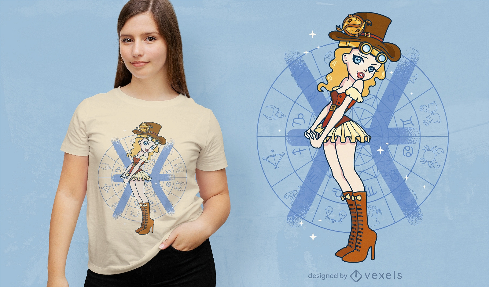 Design de t-shirt de menina do zodíaco de peixes steampunk