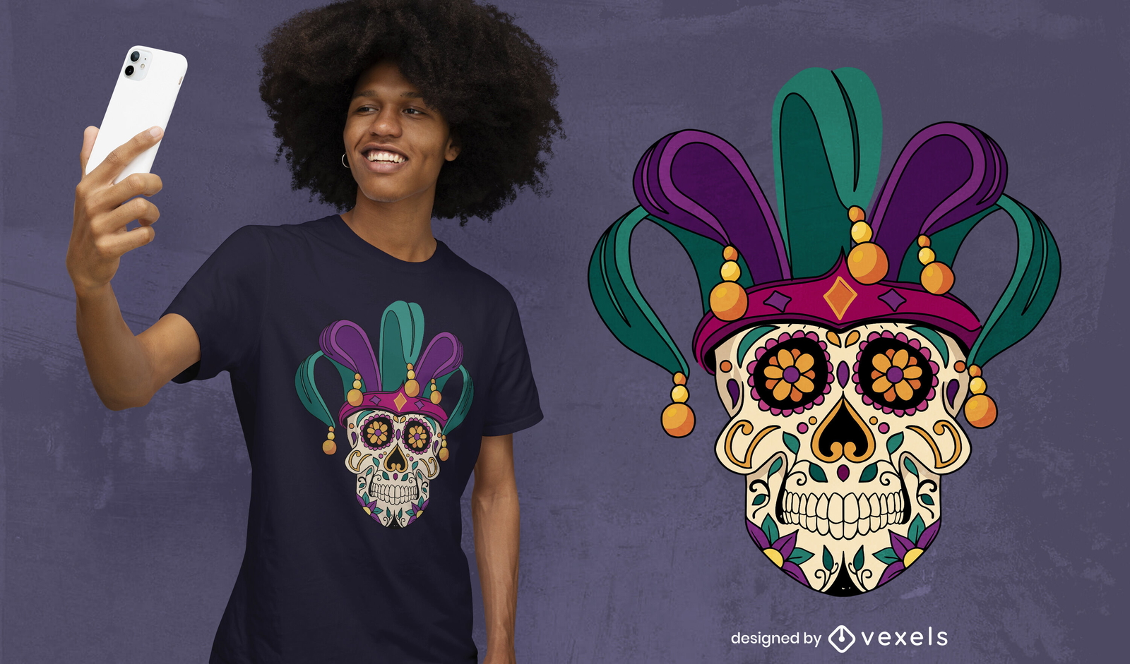 Design de camiseta de caveira de açúcar do Mardi Gras