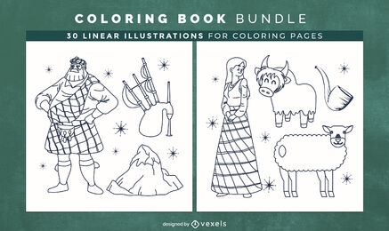 Diseño de páginas de libro para colorear de elementos escoceses