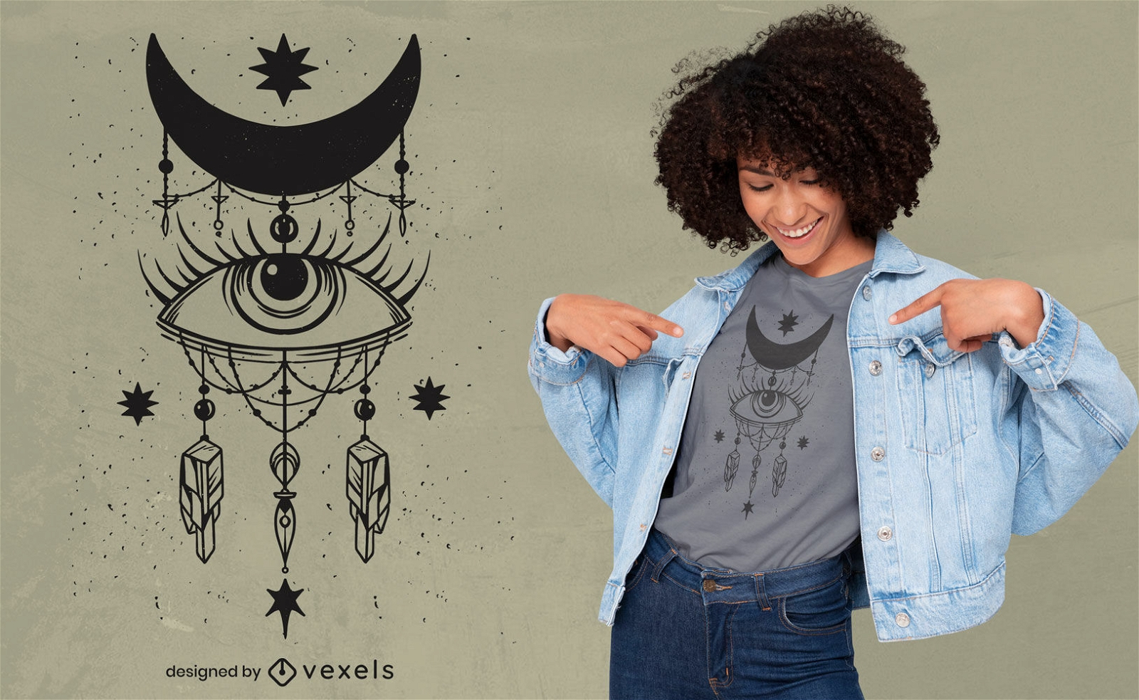 T-Shirt-Design mit mystischem Auge und Mond