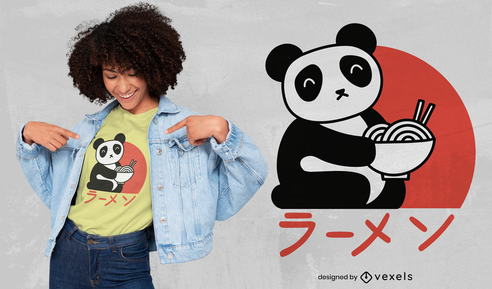 Diseño de camiseta panda comiendo ramen