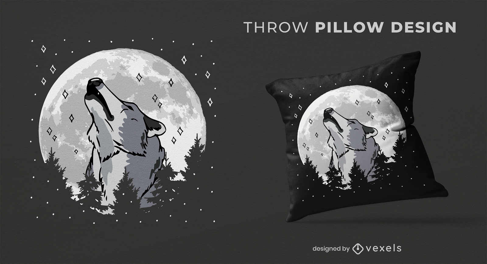 Howling wolf in full moon throw pillow design