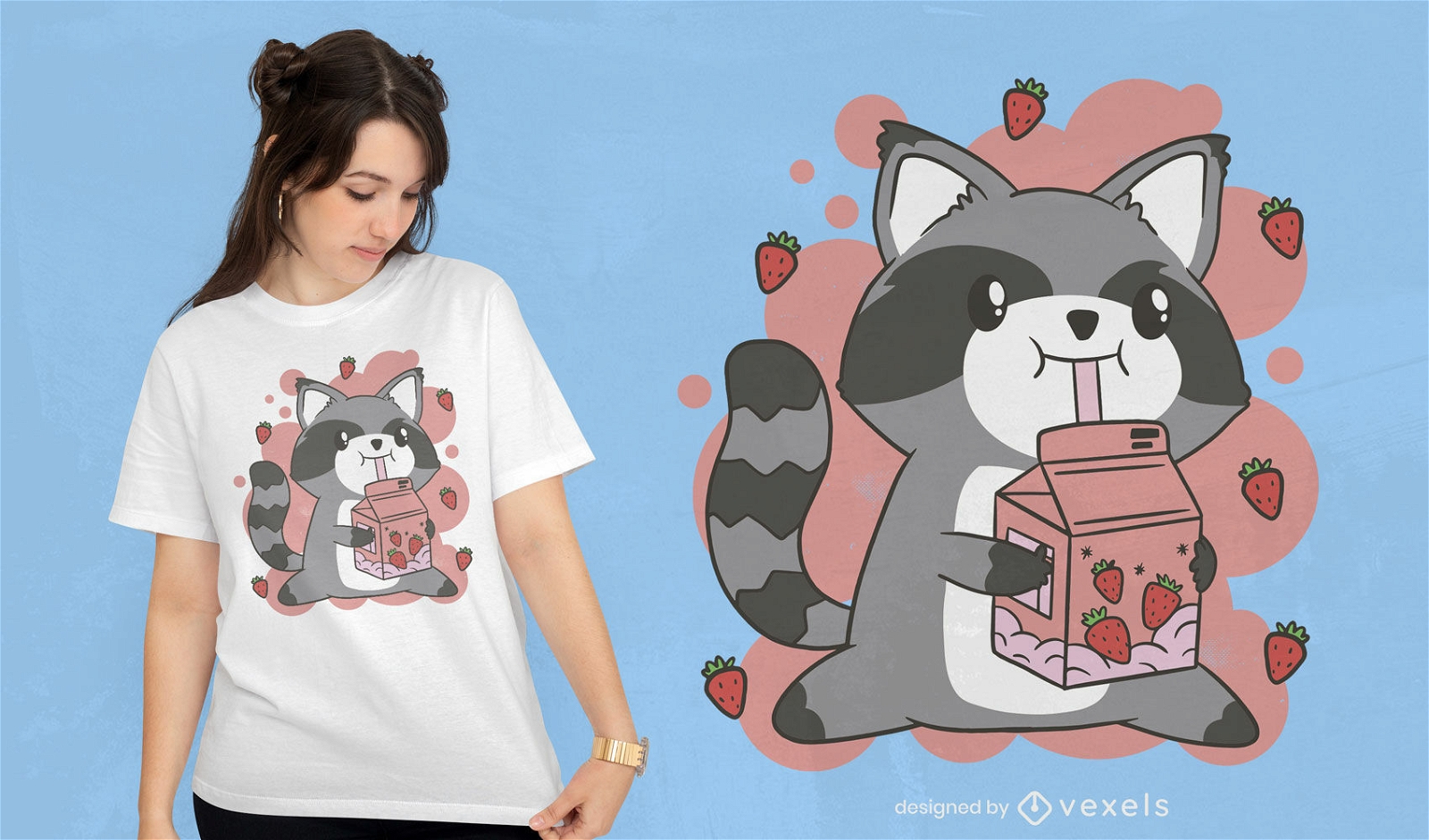 Diseño de camiseta de leche de fresa y mapache kawaii