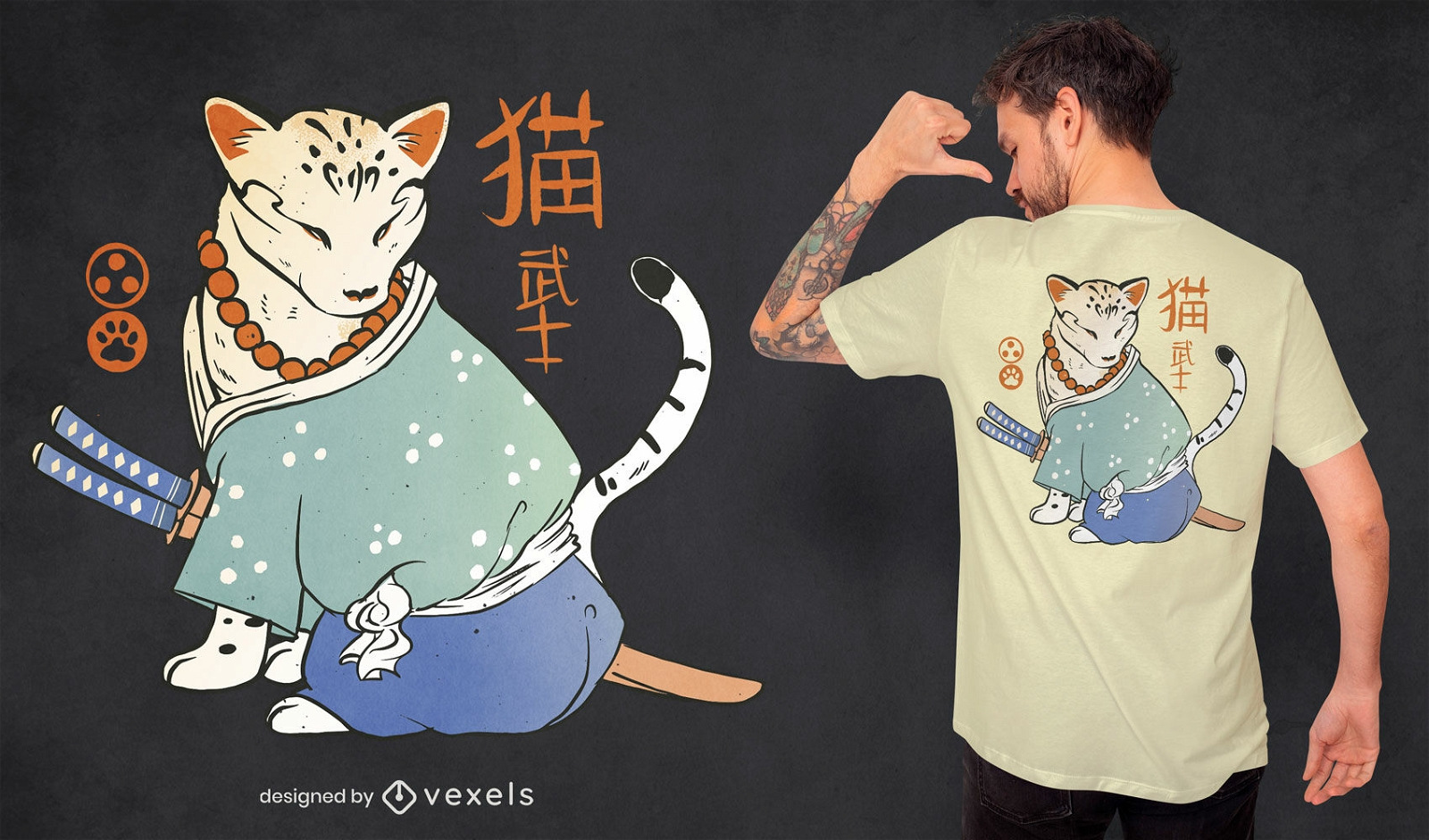 Design de camiseta japonesa de gato samurai