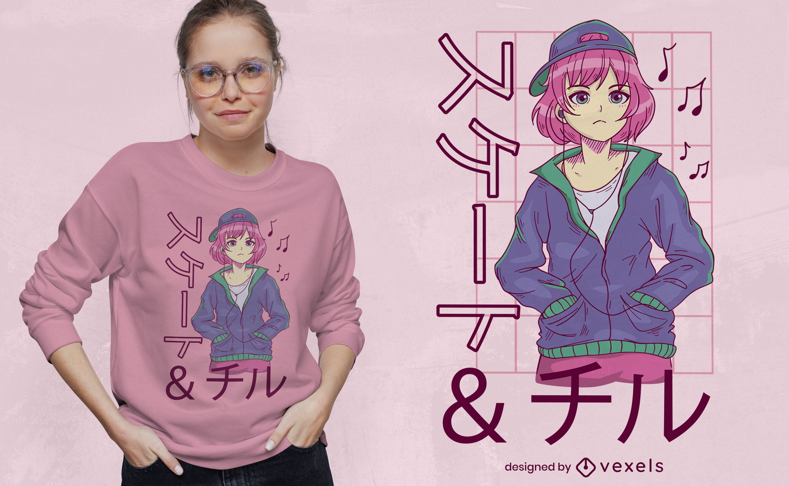 Anime-Mädchen, das Musik-T-Shirt-Design hört