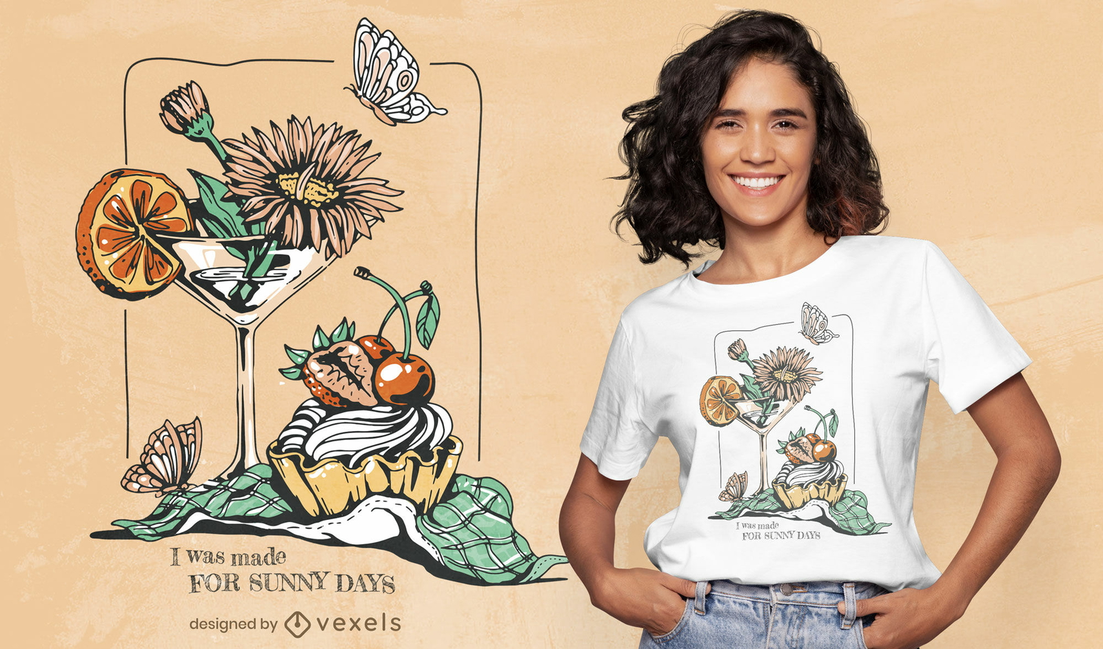 Diseño de camiseta de primavera de bebida y flores.