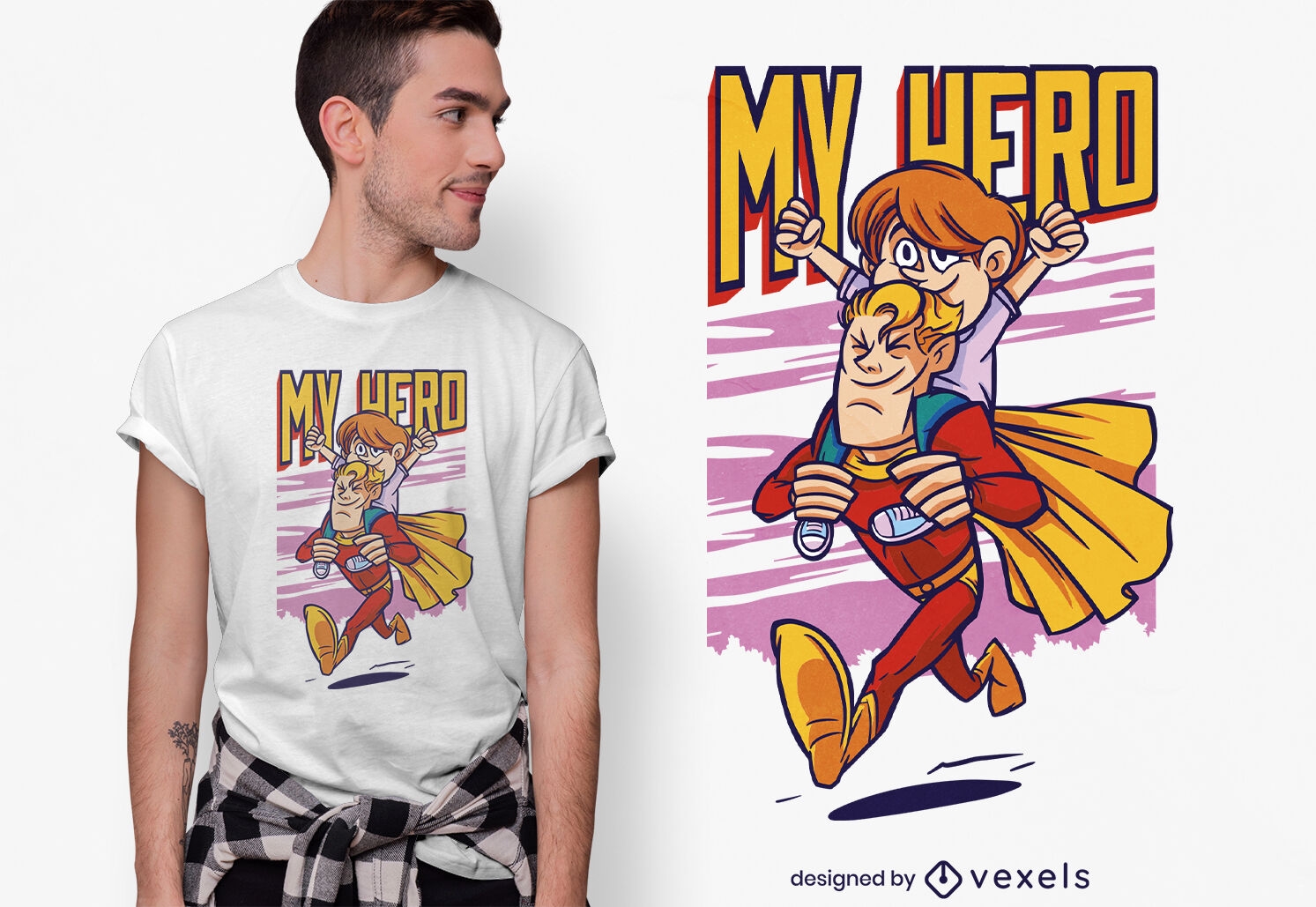 Design de camiseta de pai e menino herói