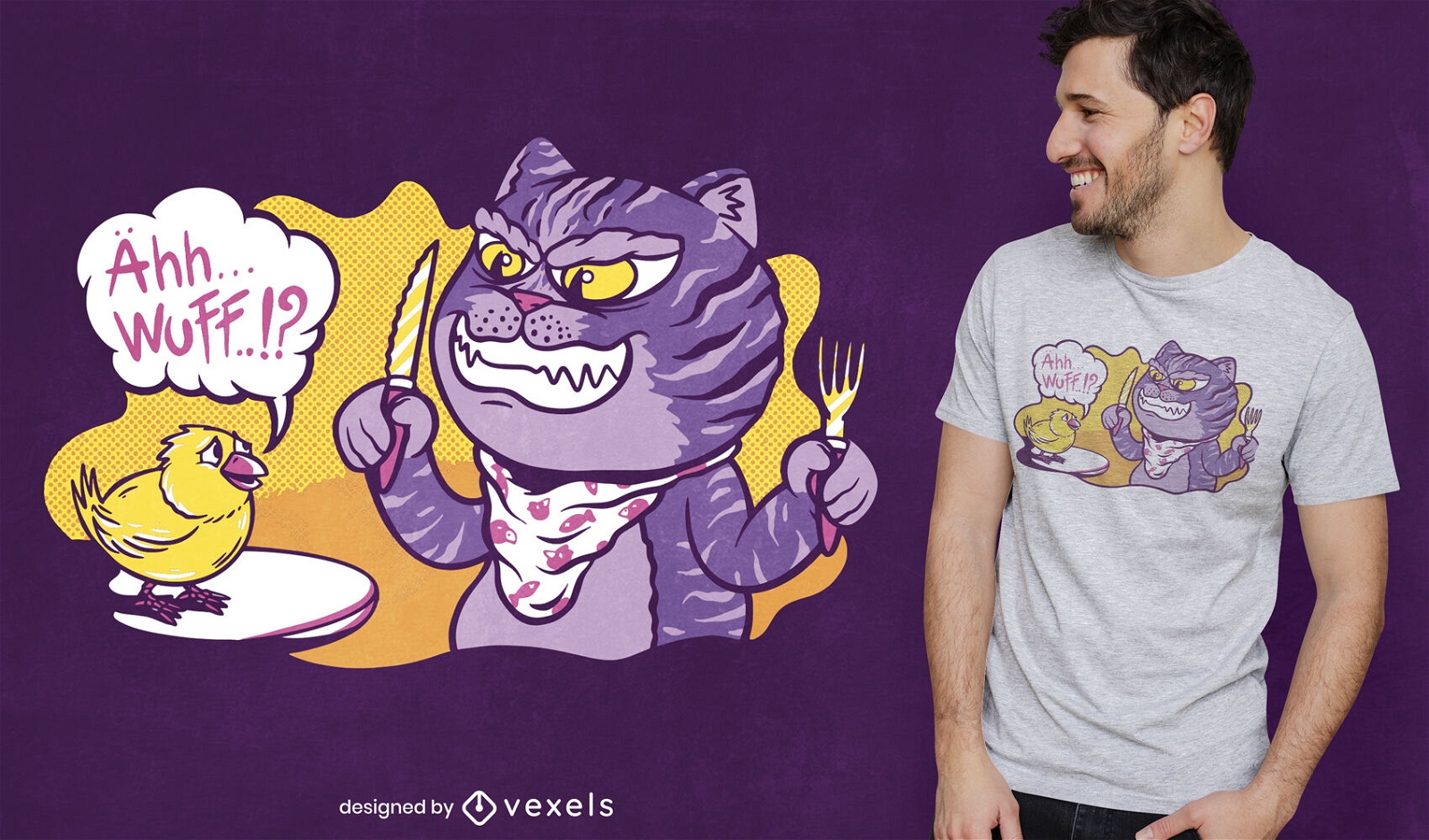 Design de camiseta de pintinho e gato Woof