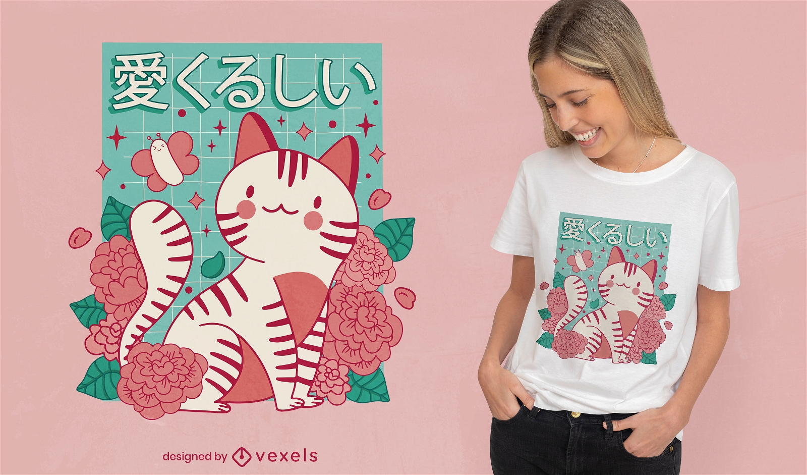 Animal de gato bonito com design de t-shirt de rosas