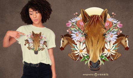 Diseño de camiseta de caballos florales.