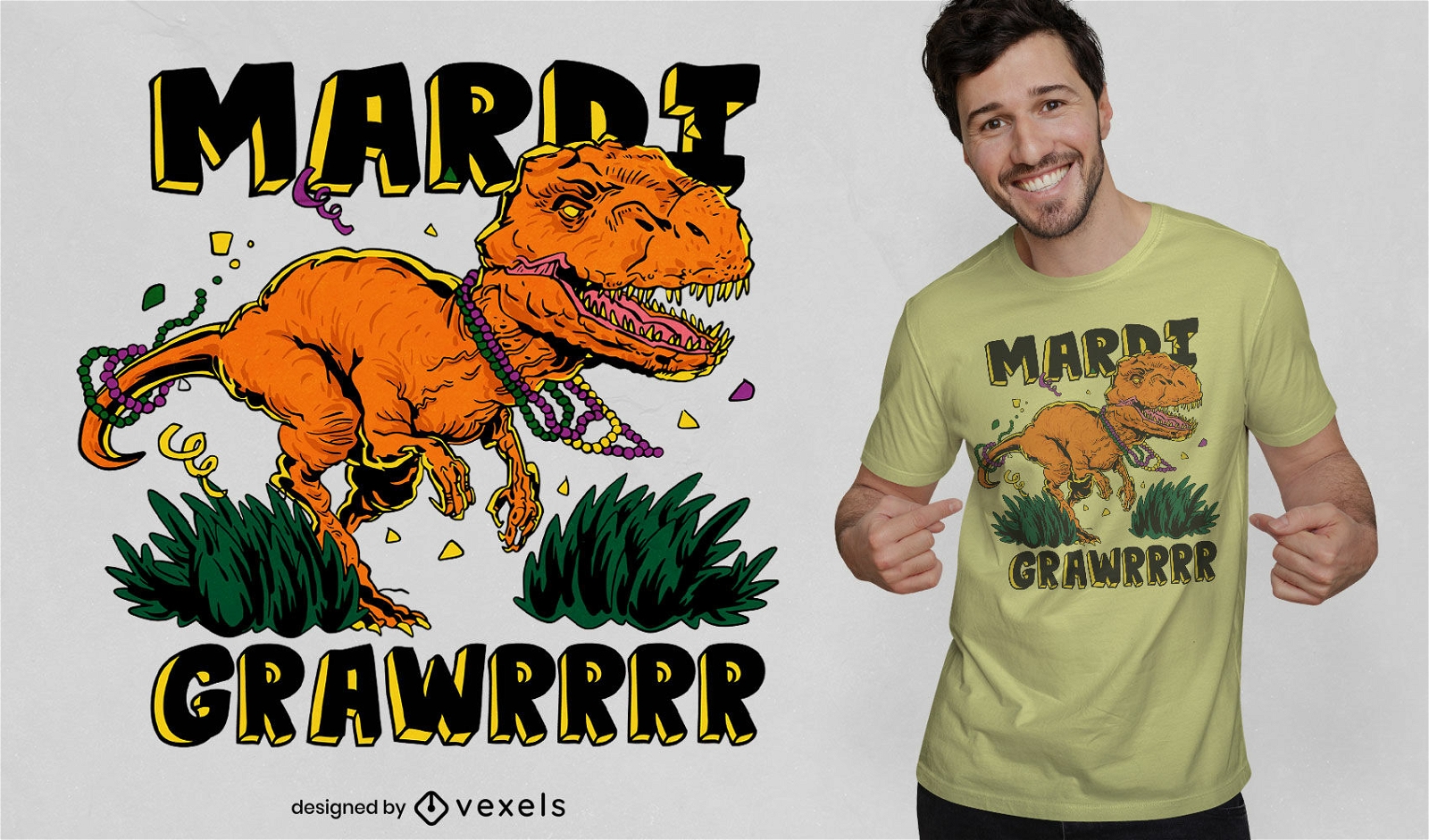 Mardi gras t-rex grawr diseño de camiseta