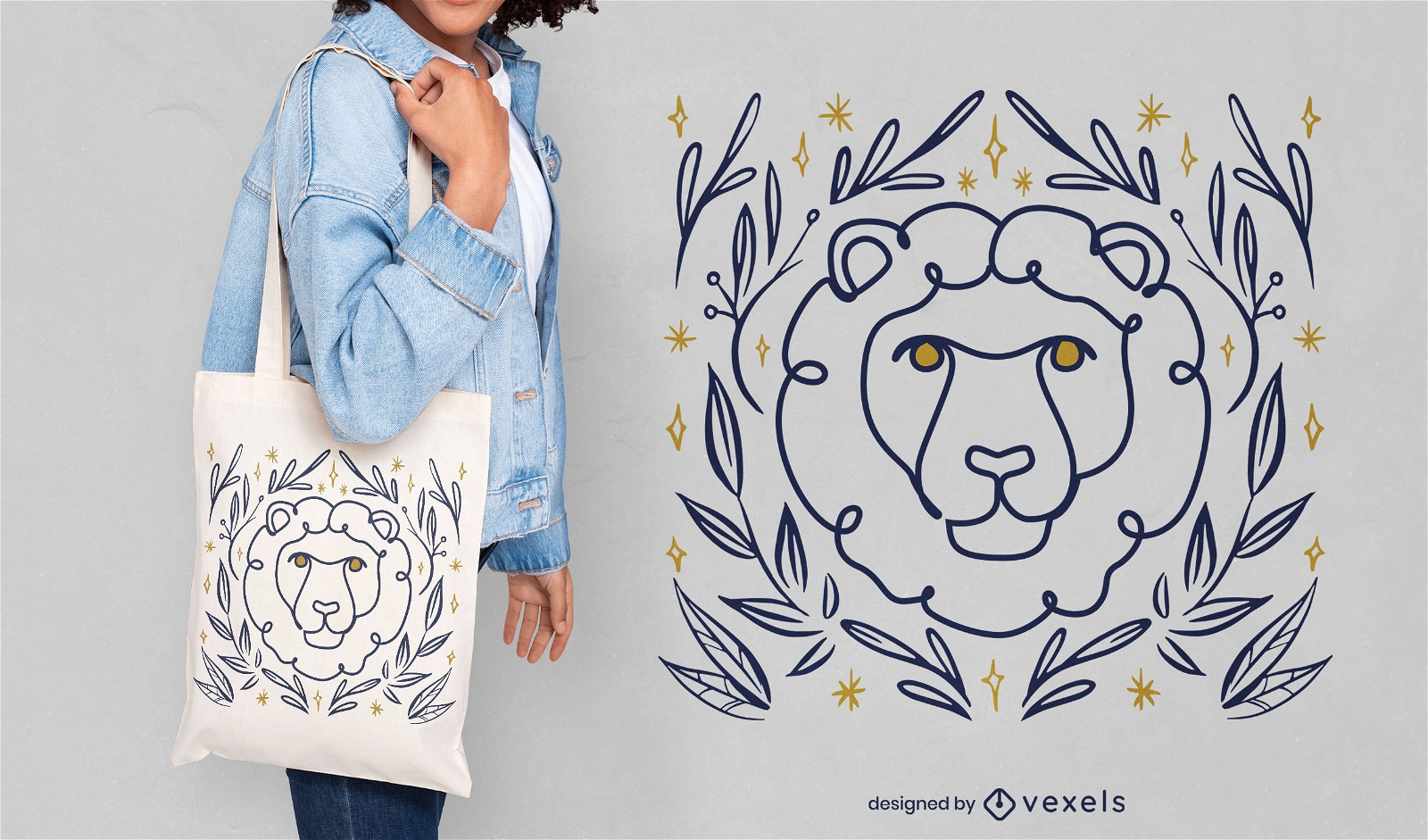 Diseño minimalista de bolso tote con cabeza de león