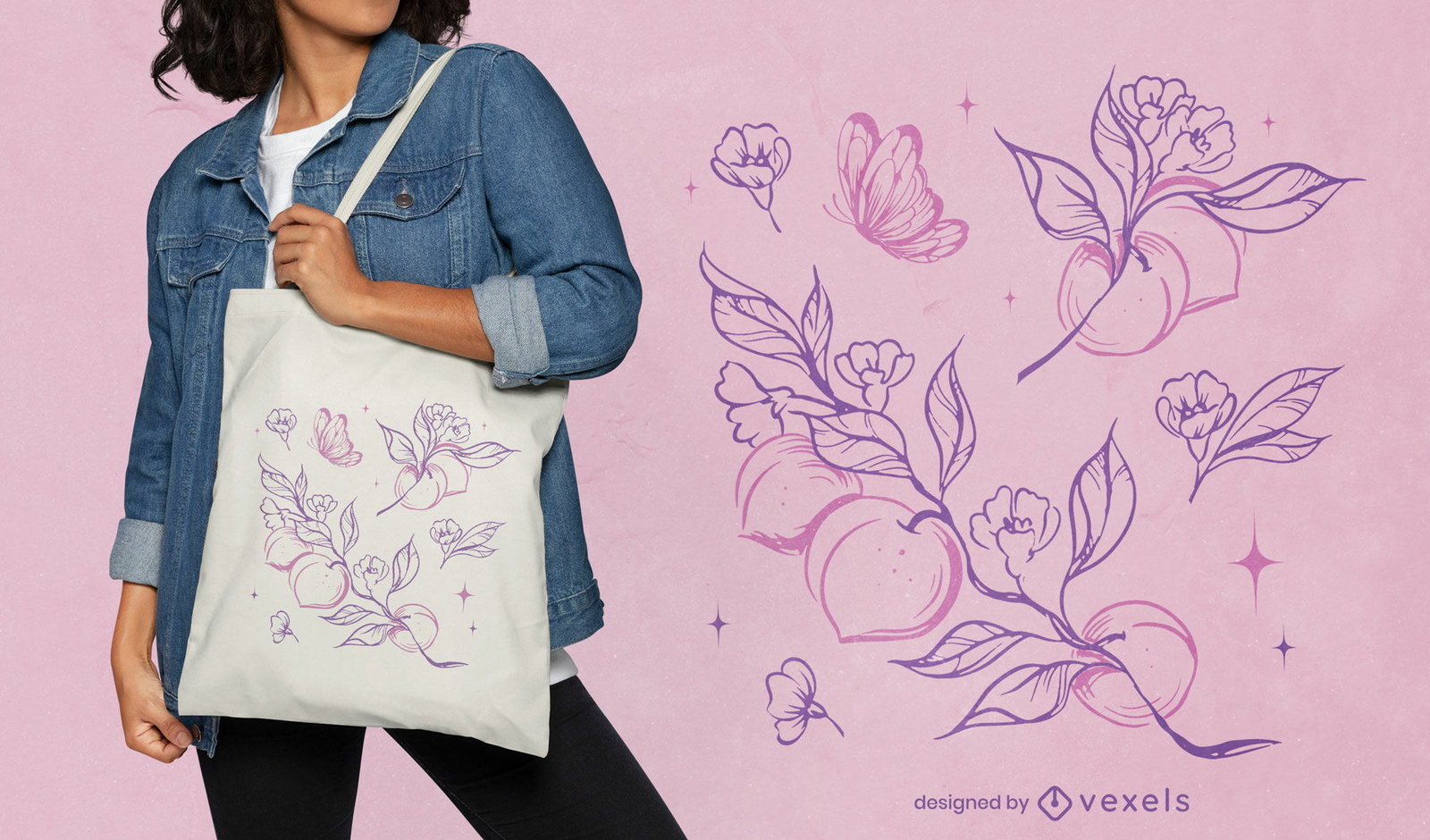 Diseño de bolso tote de melocotones y flores.