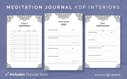 Modelo de design de diário de meditação de mandala em preto e branco KDP