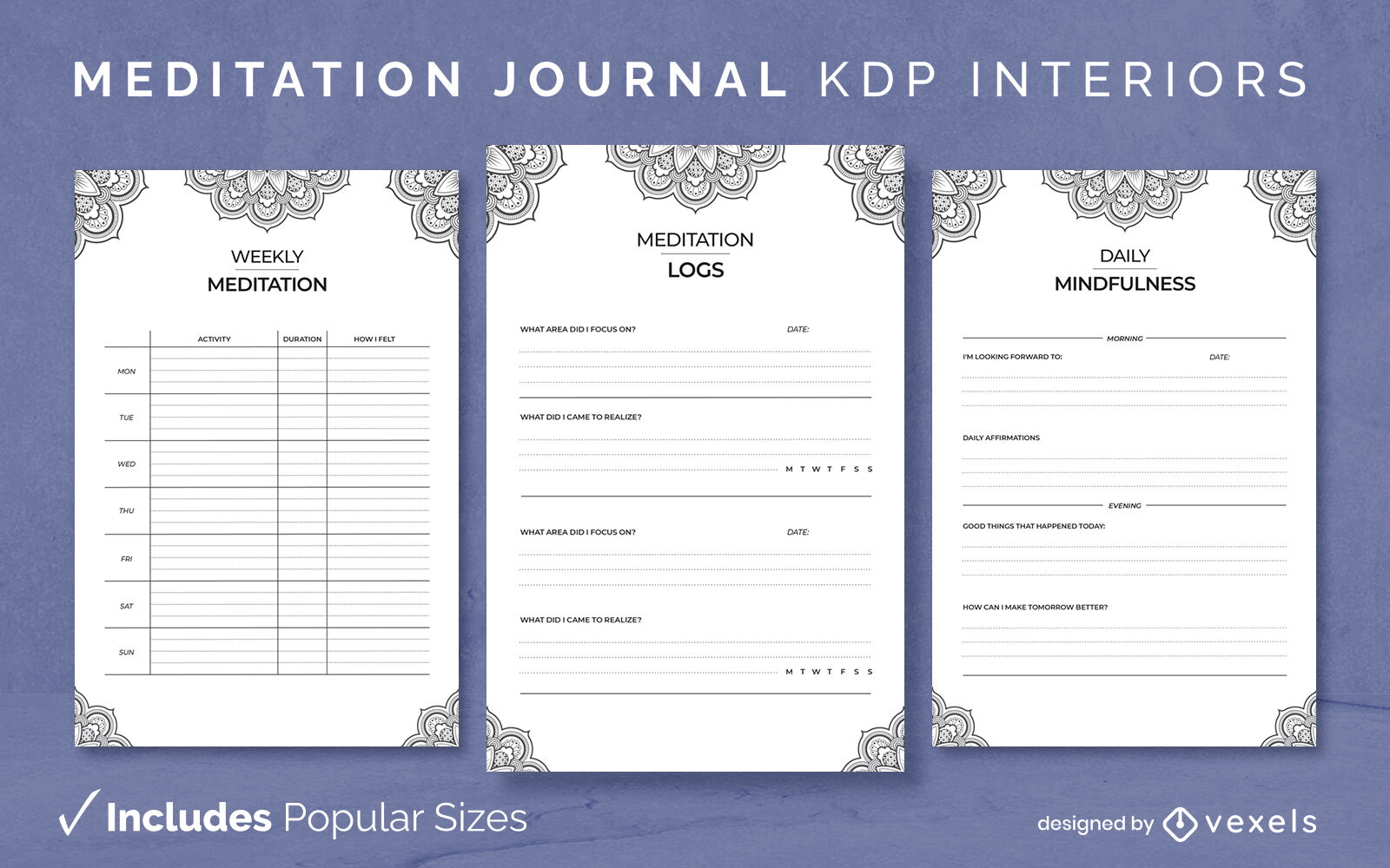 Diseño de diario de meditación de mandala en blanco y negro Modelo KDP