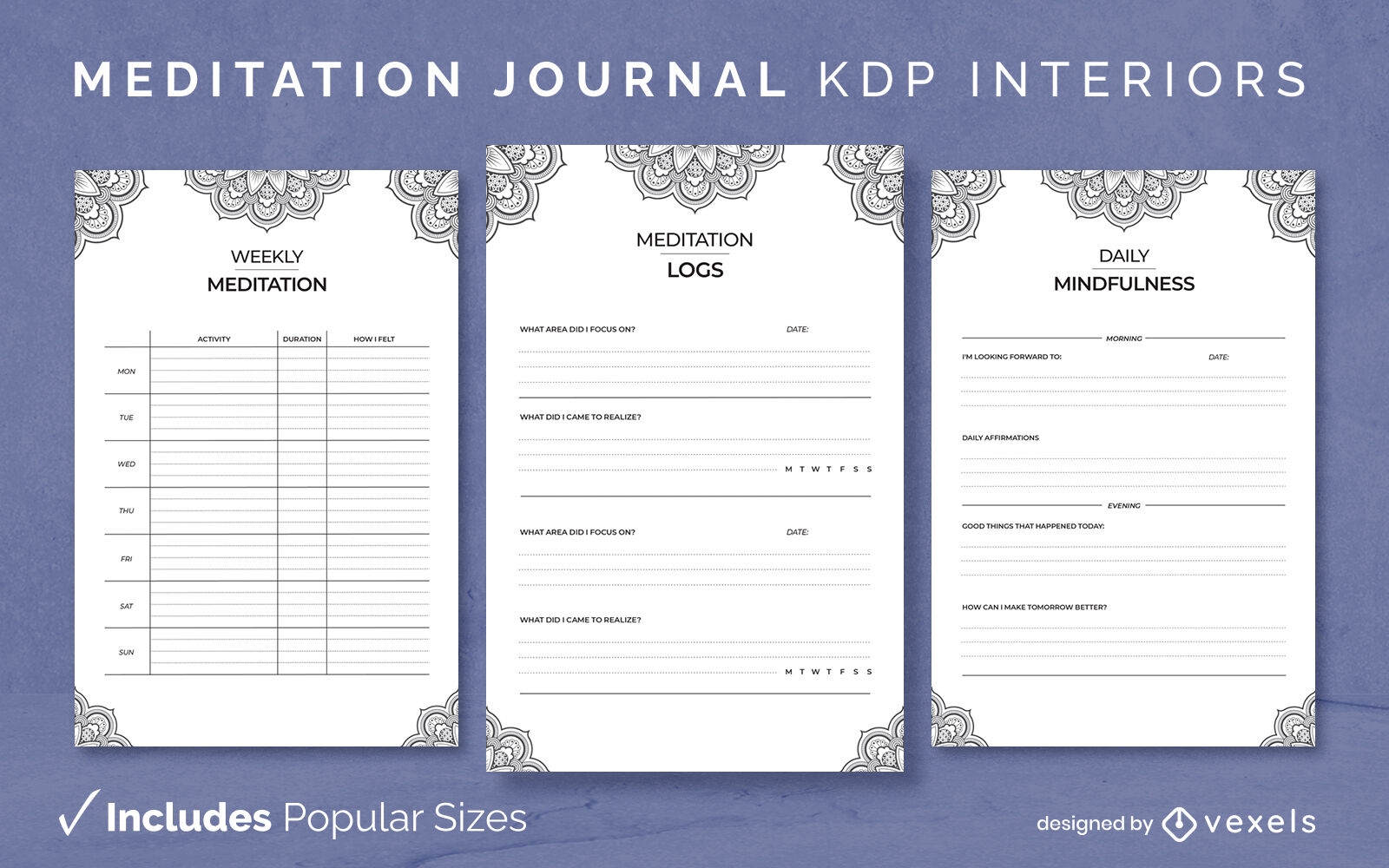 Modelo de design de diário de meditação de mandala em preto e branco KDP