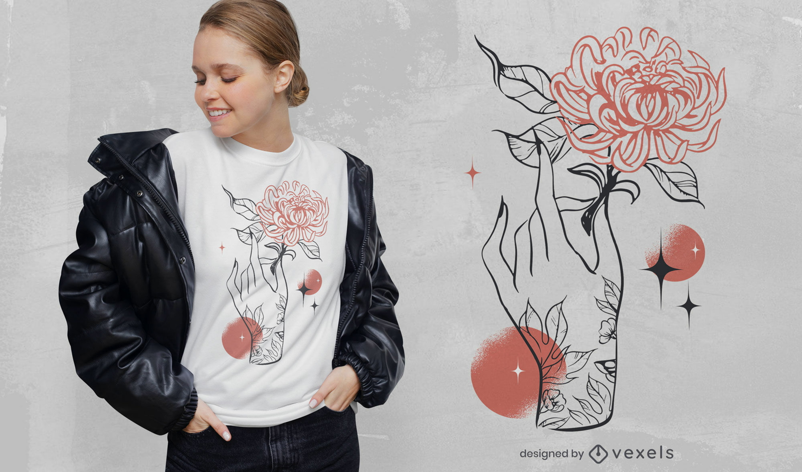 Design de t-shirt de m?o e flor de tatuagem