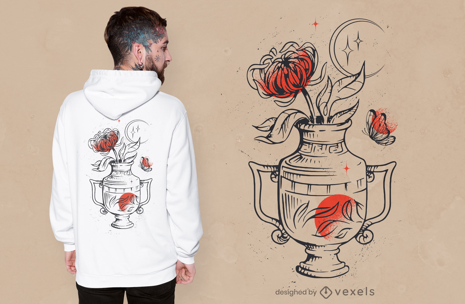 Diseño de camiseta de jarrón floral de tatuaje