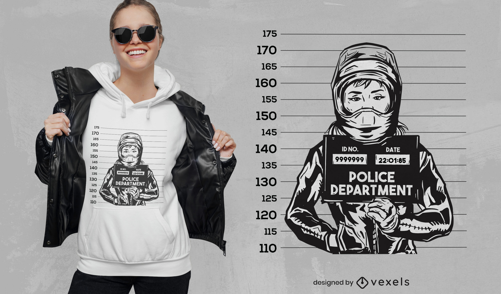 Diseño de camiseta con imagen de foto policial de mujer