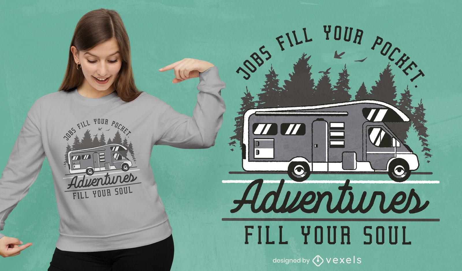 Camper van en diseño de camiseta de bosque.