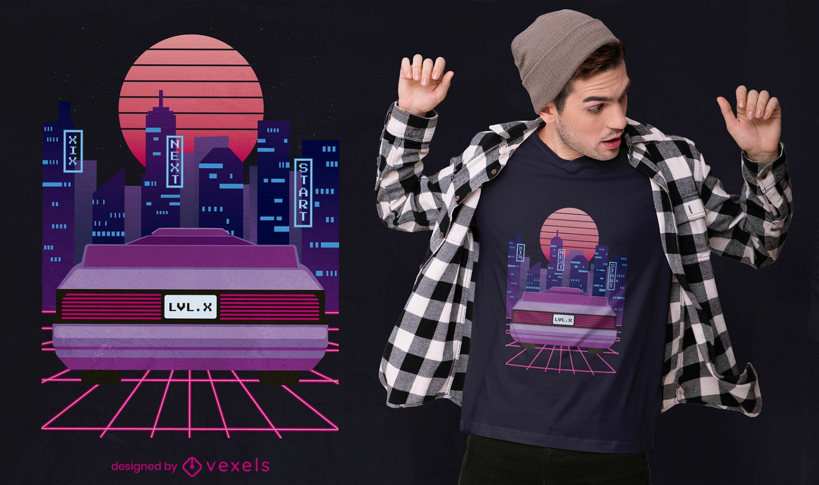 Diseño de camiseta de ciudad futurista cibernética.