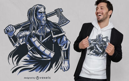 Diseño de camiseta de guerrero vikingo con hacha