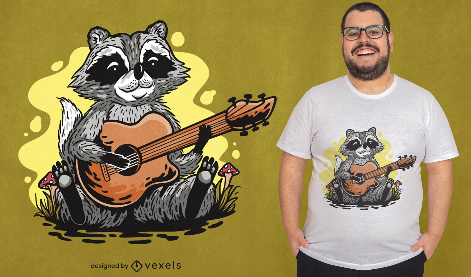 Diseño de camiseta de mapache guitarrista