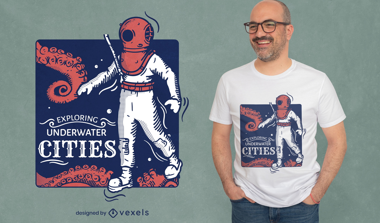 Diseño de camiseta de ciudades submarinas.