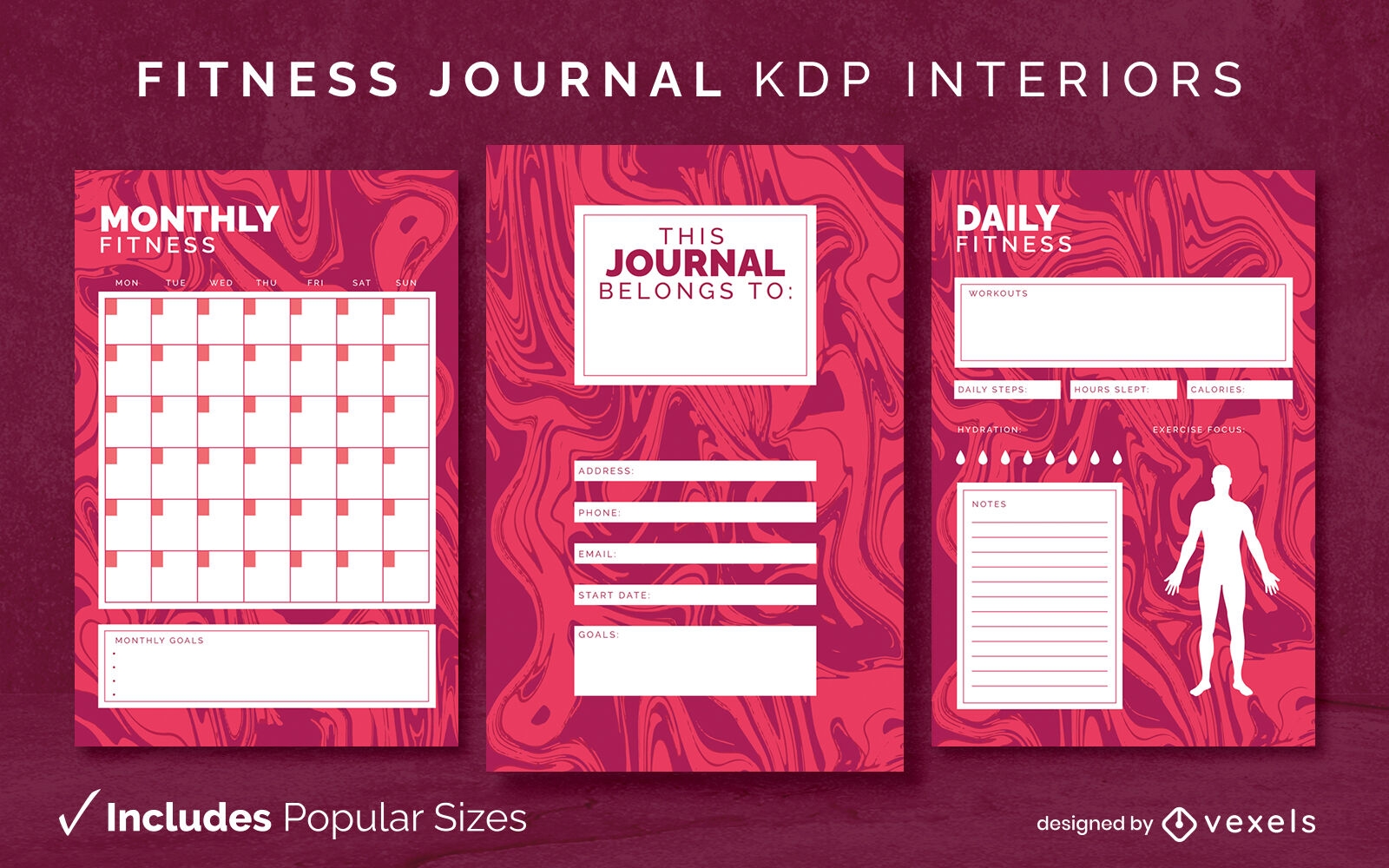 Groovy fitness journal design template KDP