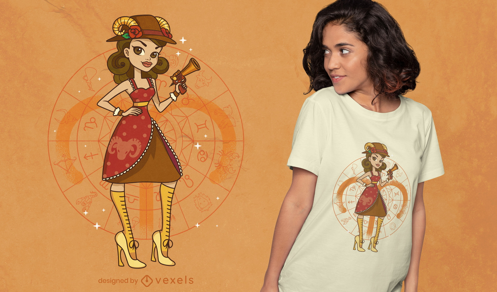 Design de camiseta para garotas do zodíaco de pinup de Steampunk