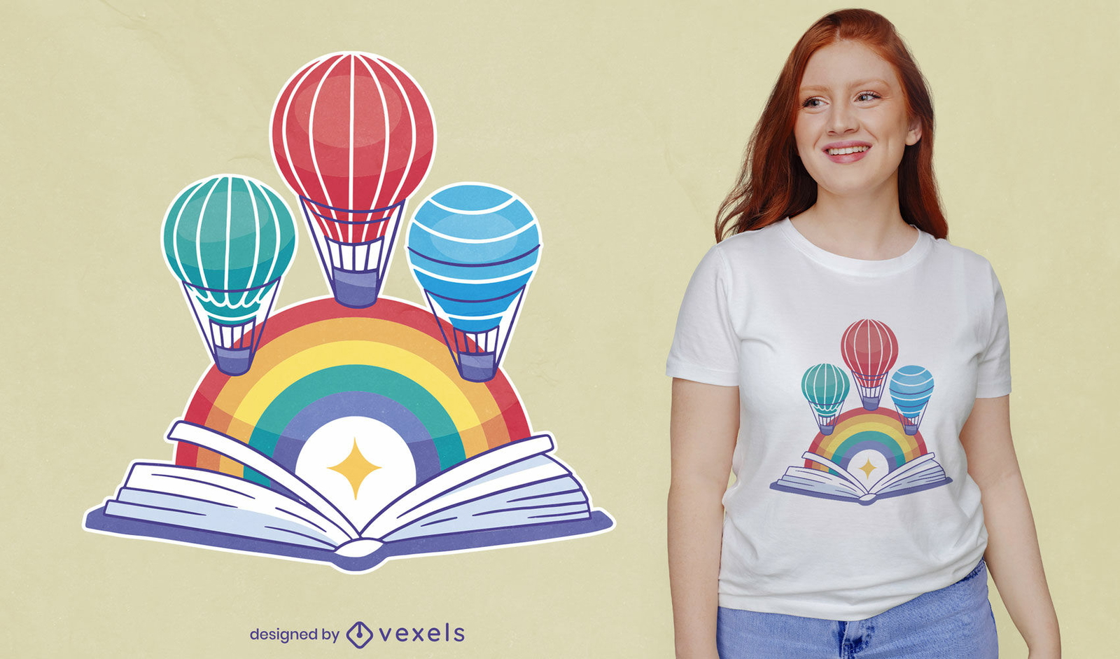 Libro abierto con diseño de camiseta de globos aerostáticos.