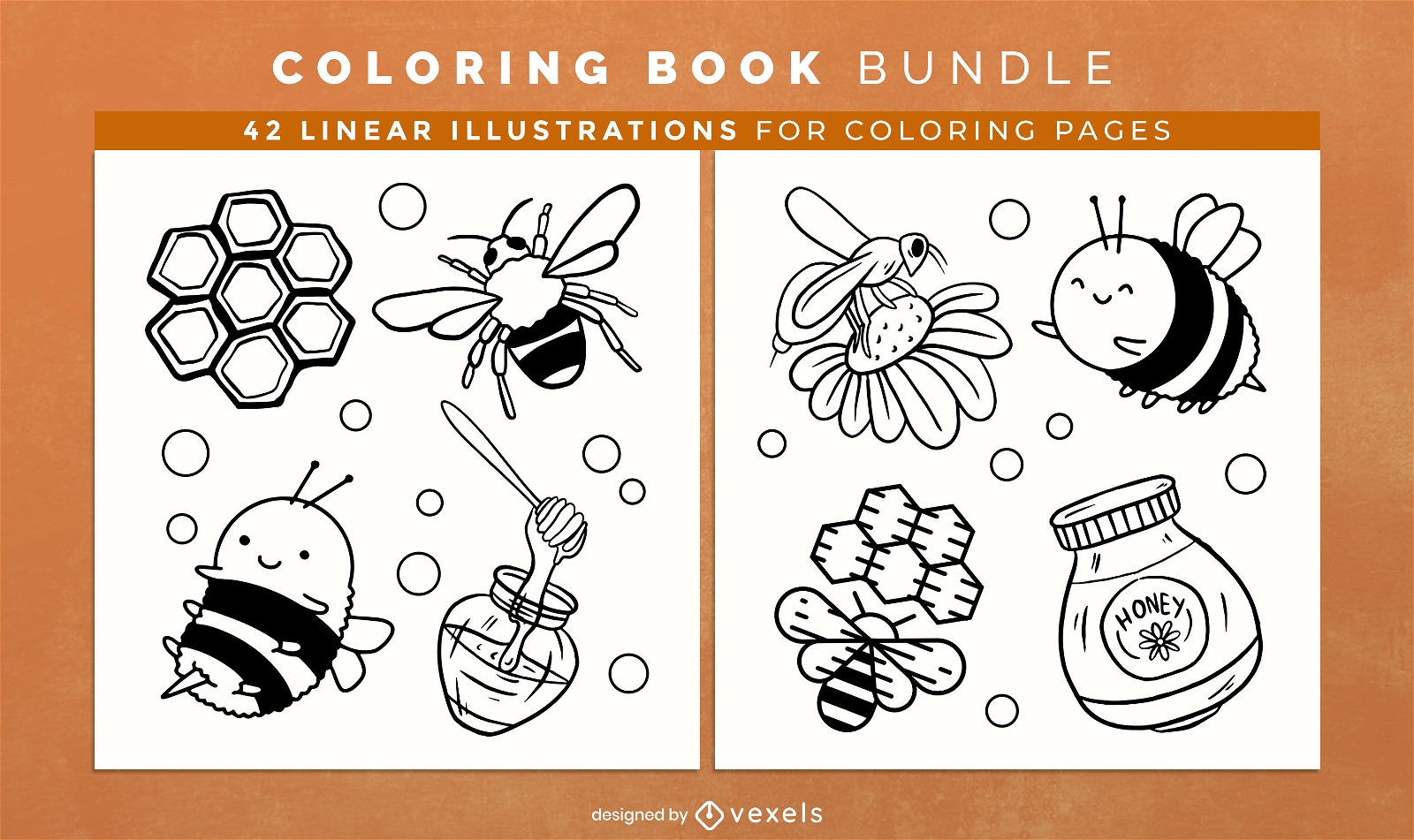 Design de páginas de livro para colorir de abelhas e mel
