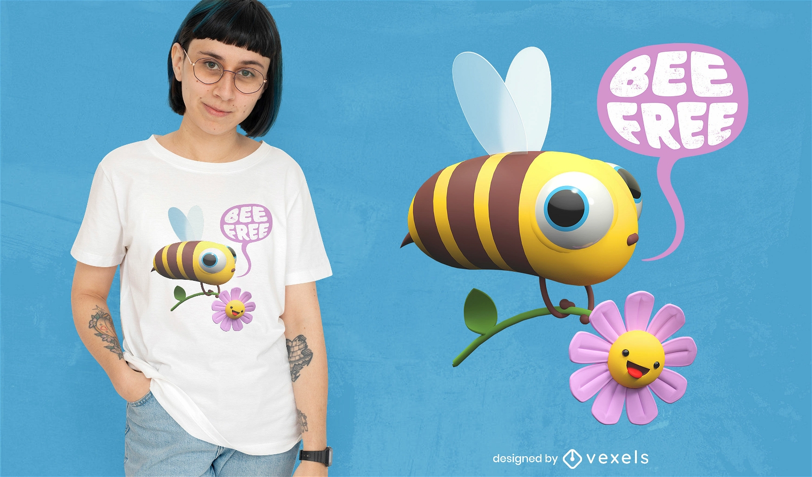 3D bee with flower psd t-shirt design