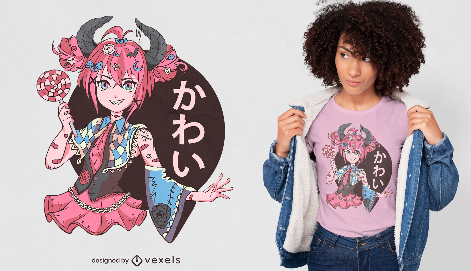 Design de camiseta de garota de anime gótico