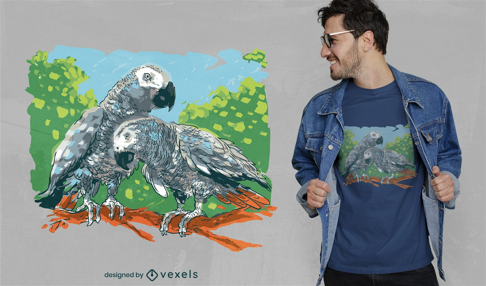 T-Shirt-Design mit zwei Papageien