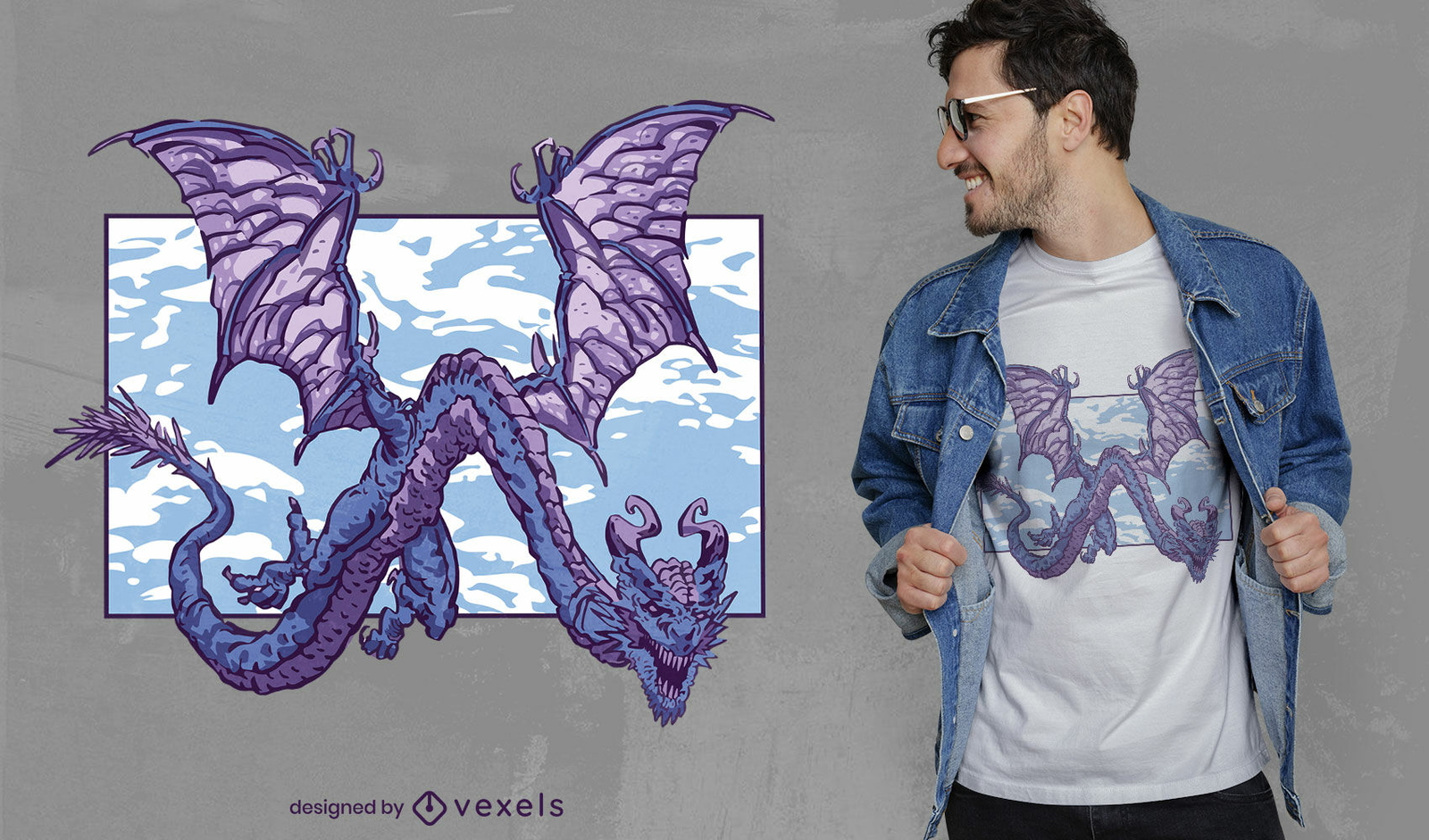 Dragón azul en diseño de camiseta de cielo azul