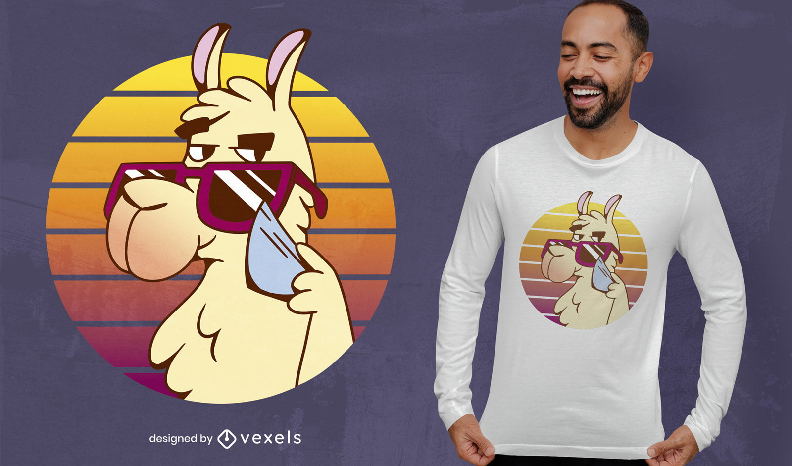 Diseño de camiseta de llama animal con gafas de sol.