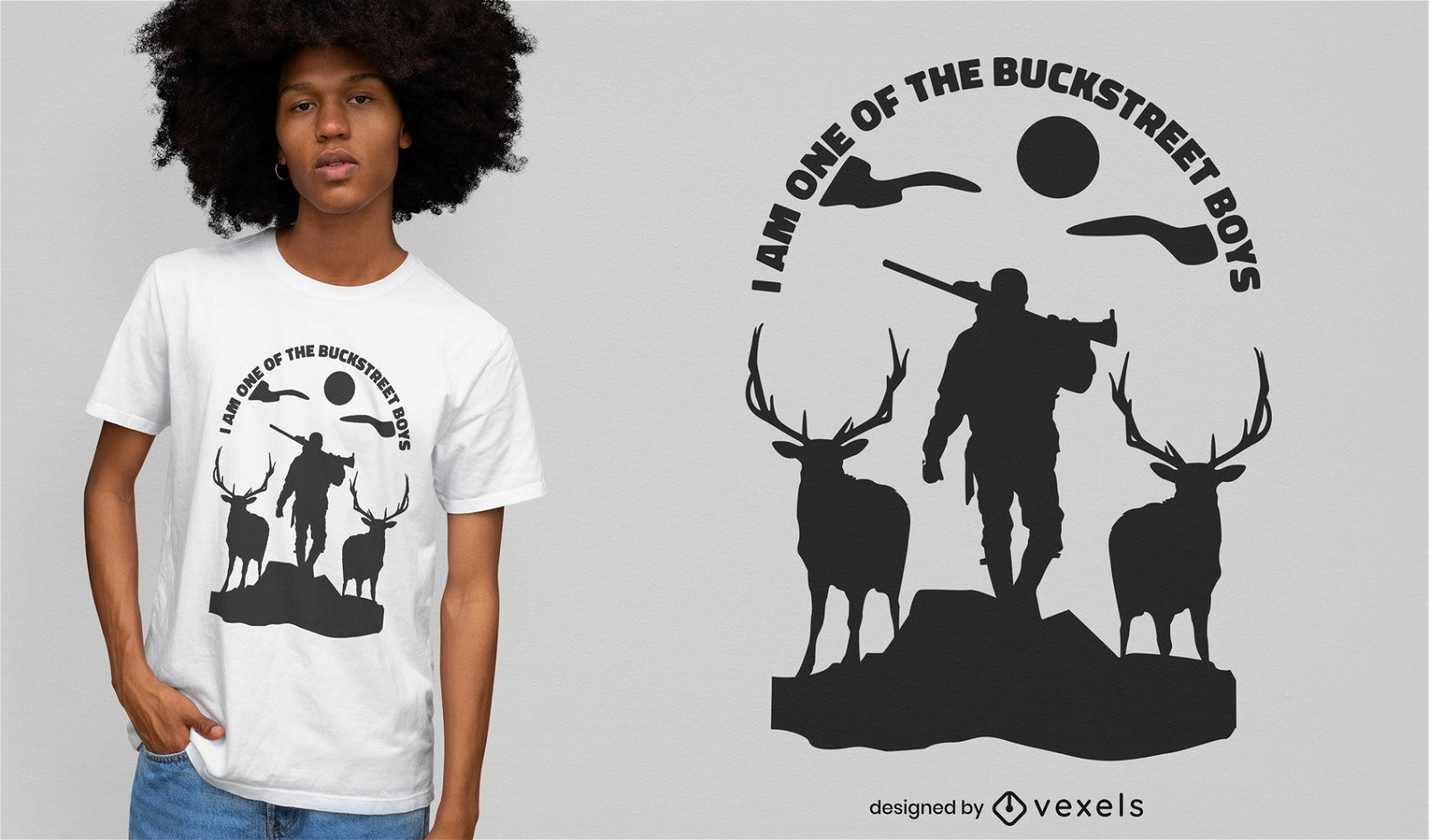 Diseño de camiseta de silueta de animales cazadores y ciervos