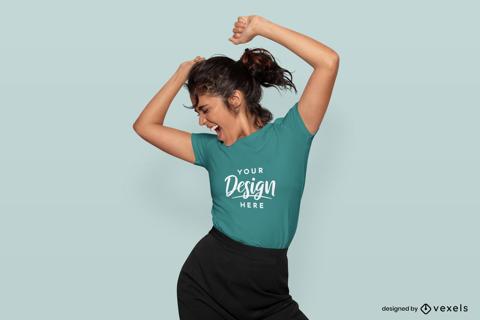 Woman with ponytail dancing t-shirt mockup