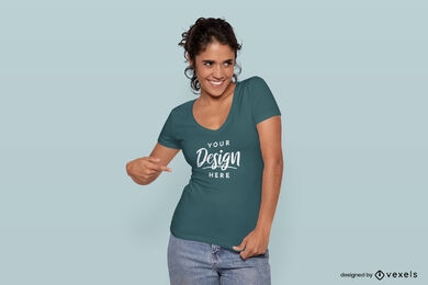 Brunette woman pointing to t-shirt mockup