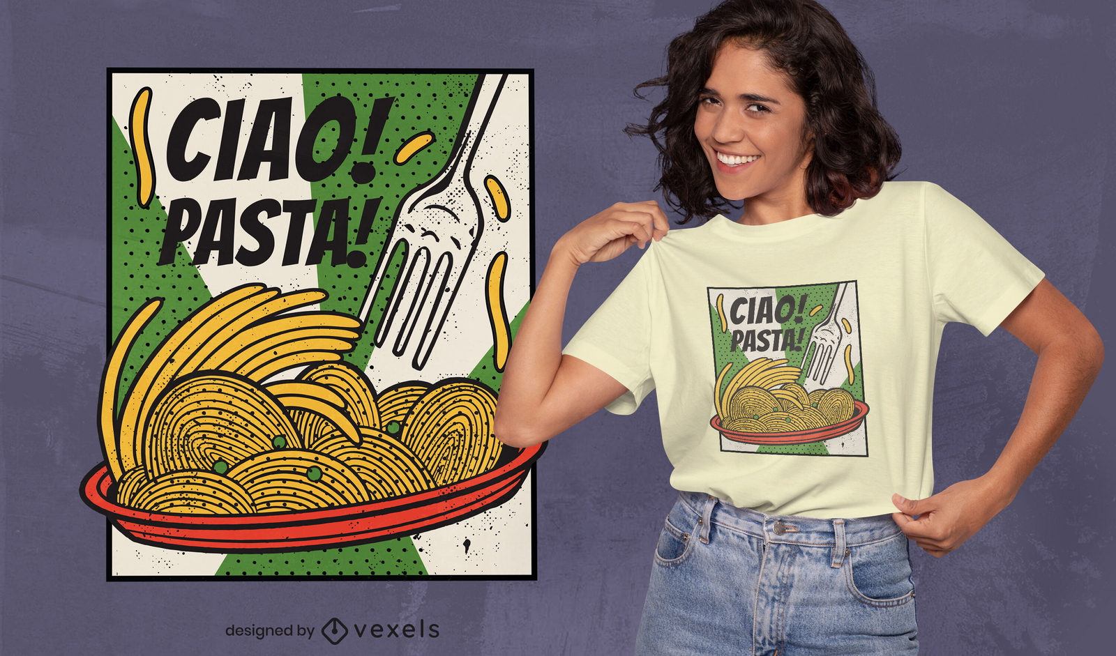 Diseño de camiseta de plato de espagueti de comida italiana.