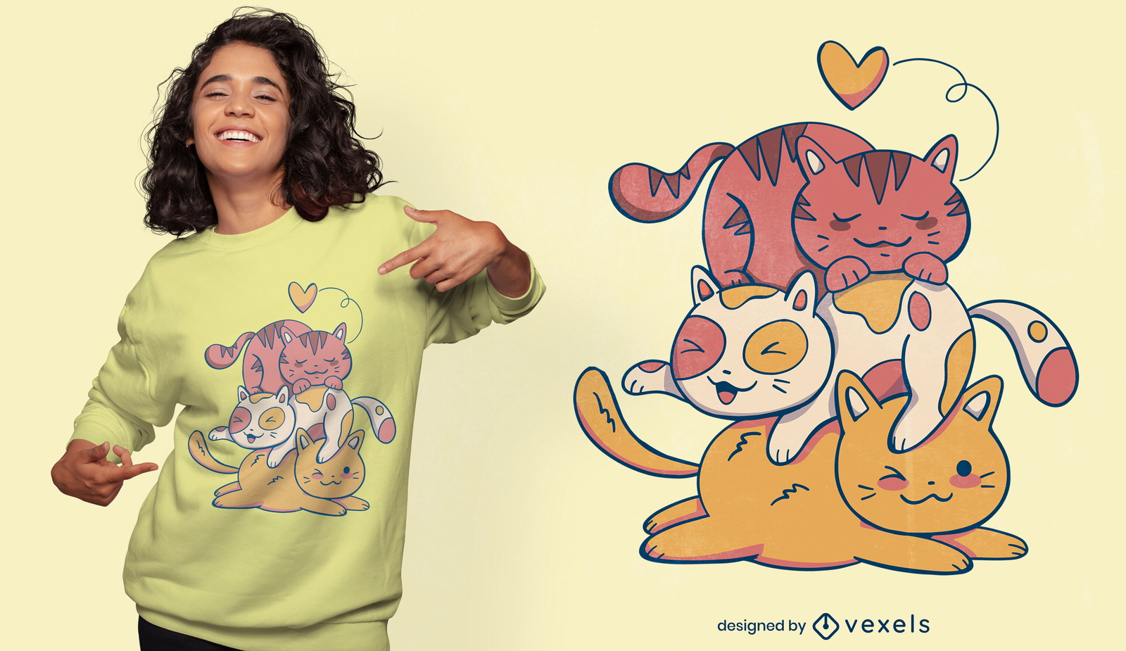 Design de camiseta de pilha de gato fofo