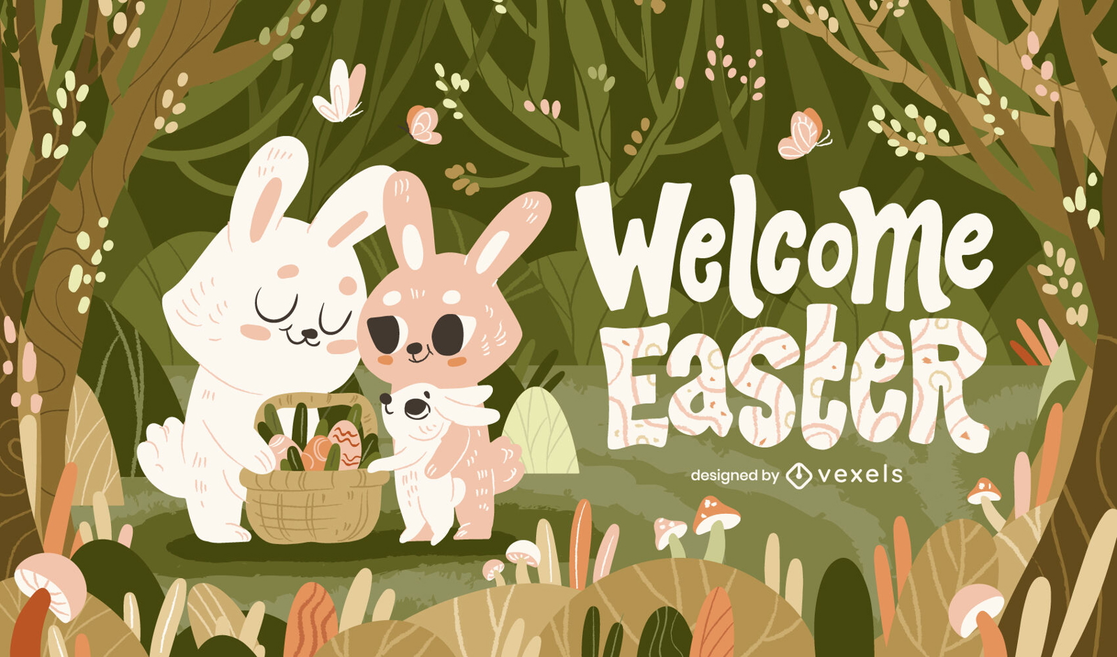 Ilustraci?n de conejitos de bosque de Pascua de bienvenida