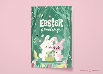 design de cartão de saudação de coelhos da floresta de páscoa