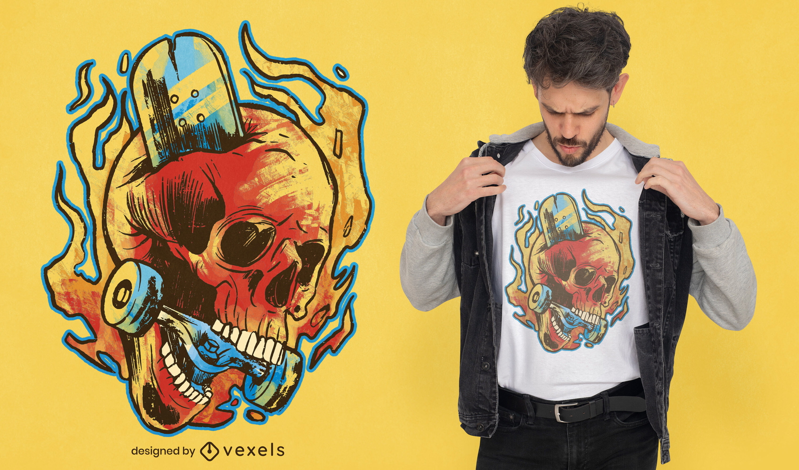 Diseño de camiseta de calavera y skate.