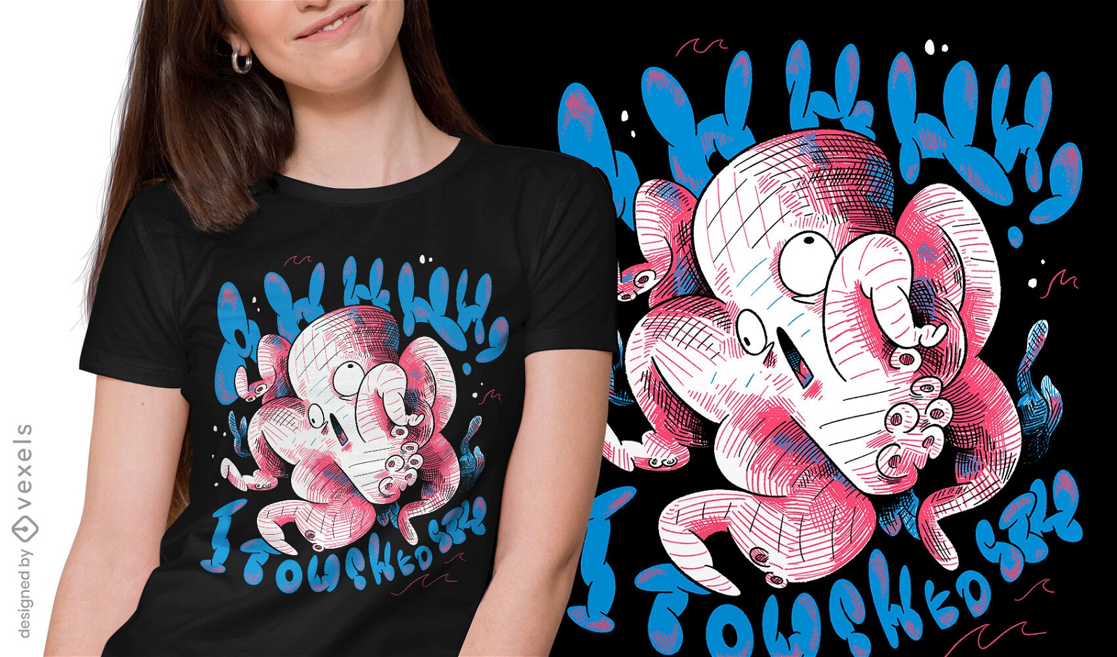 Design de t-shirt de esboço de oceano de animais marinhos de polvo
