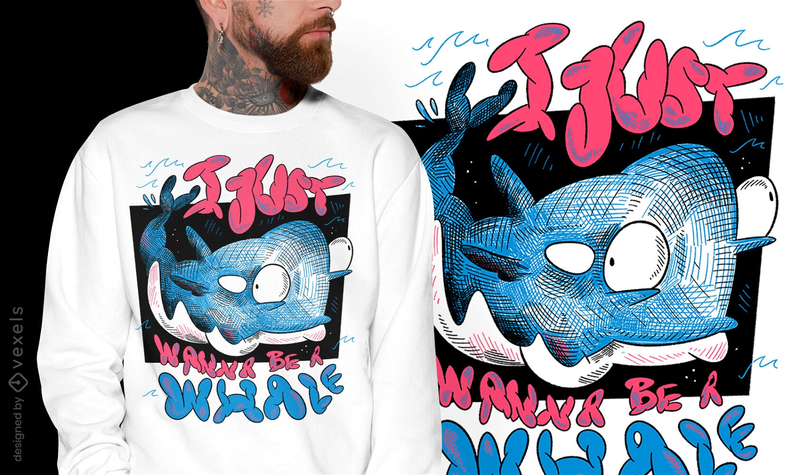 Diseño de camiseta de dibujo de ballena en el océano